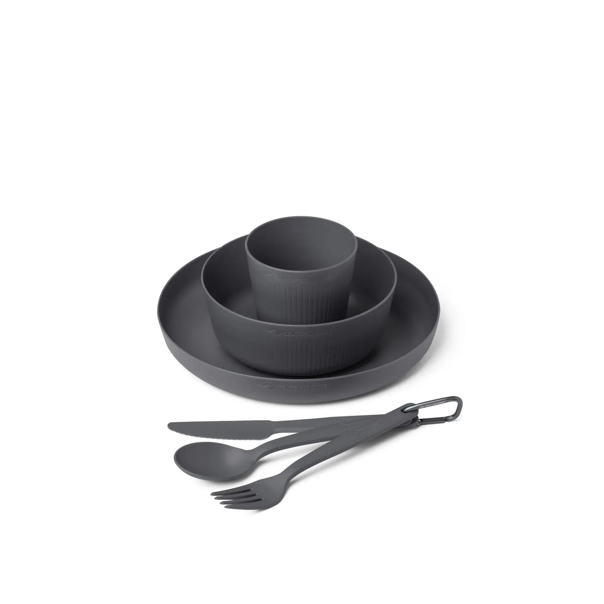 Sea to Summit Camp Dinnerware Set in Charcoal grey, nested stack with cutlery on its carabiner