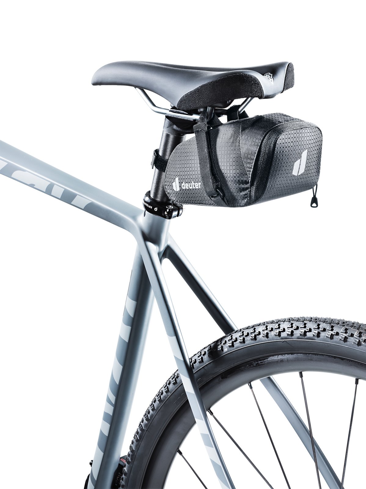 Deuter Bike Bag 0.8 fitted under the saddle of a grey gravel bike