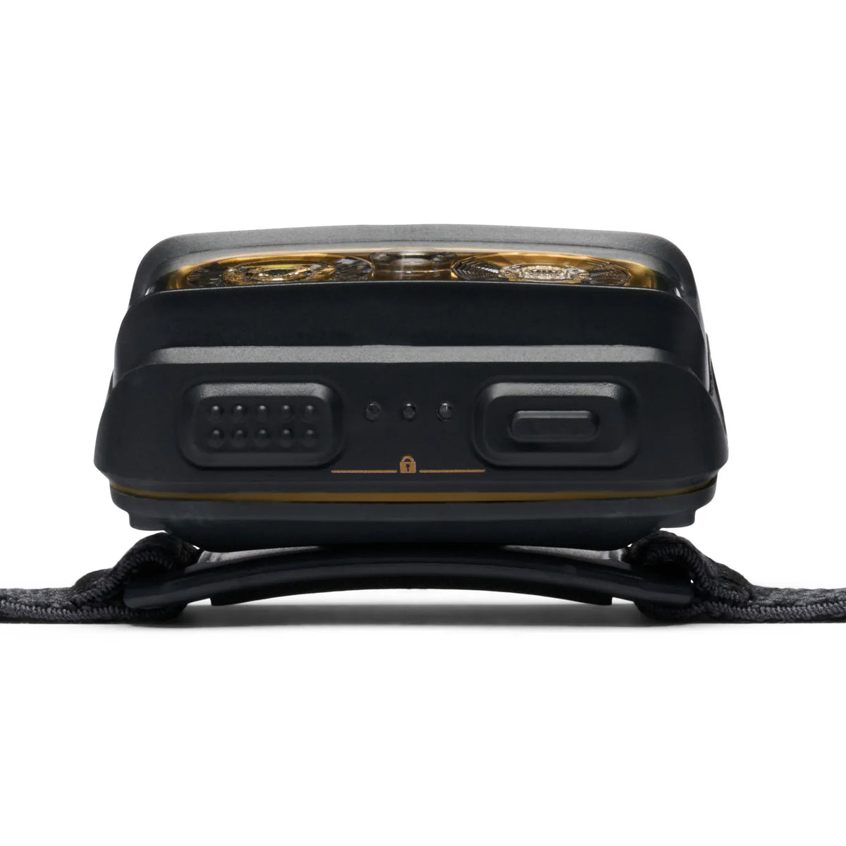 Top buttons and battery indicator on the Black Diamond Storm+ in Black