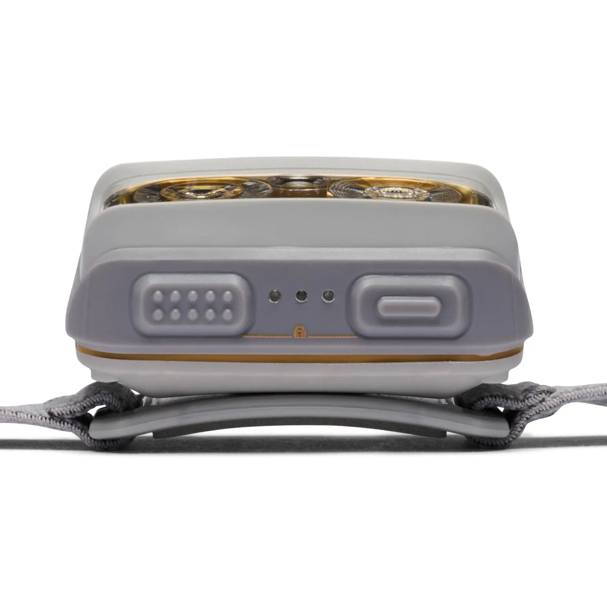Top of the Black Diamond Storm+ in Pewter with two buttons and battery indicator
