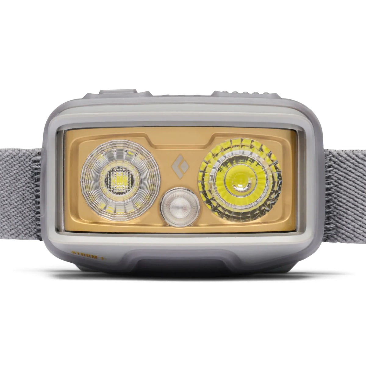 Front of the Black Diamond Storm+ in Pewter with flood, spot and RGB lenses