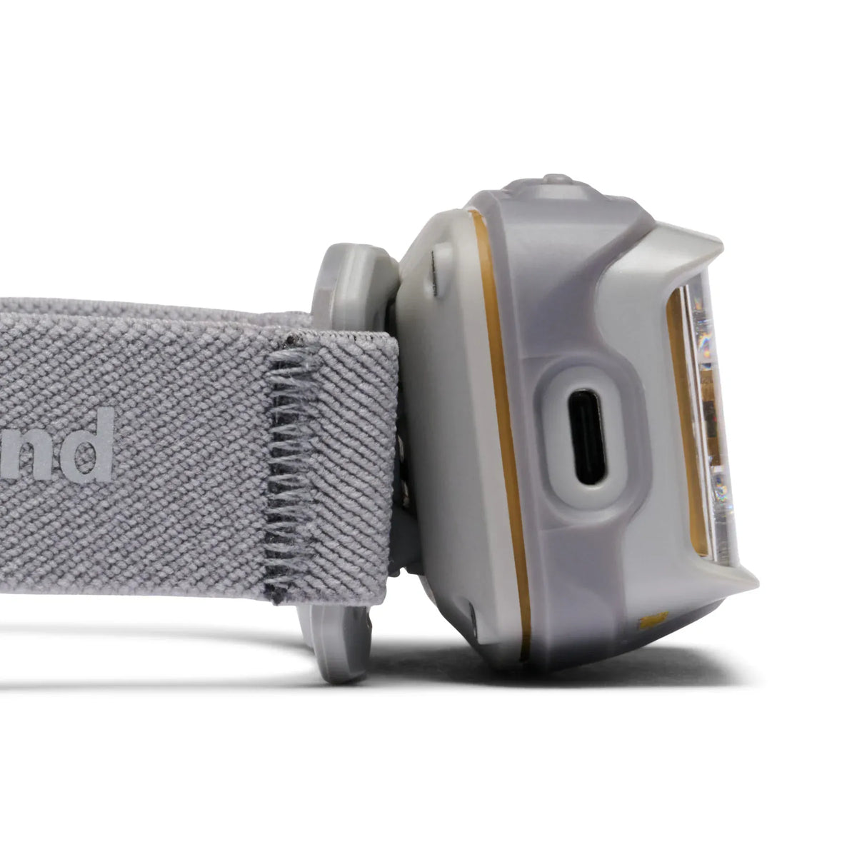 Side of the Black Diamond Storm+ in Pewter showing the charging port cover