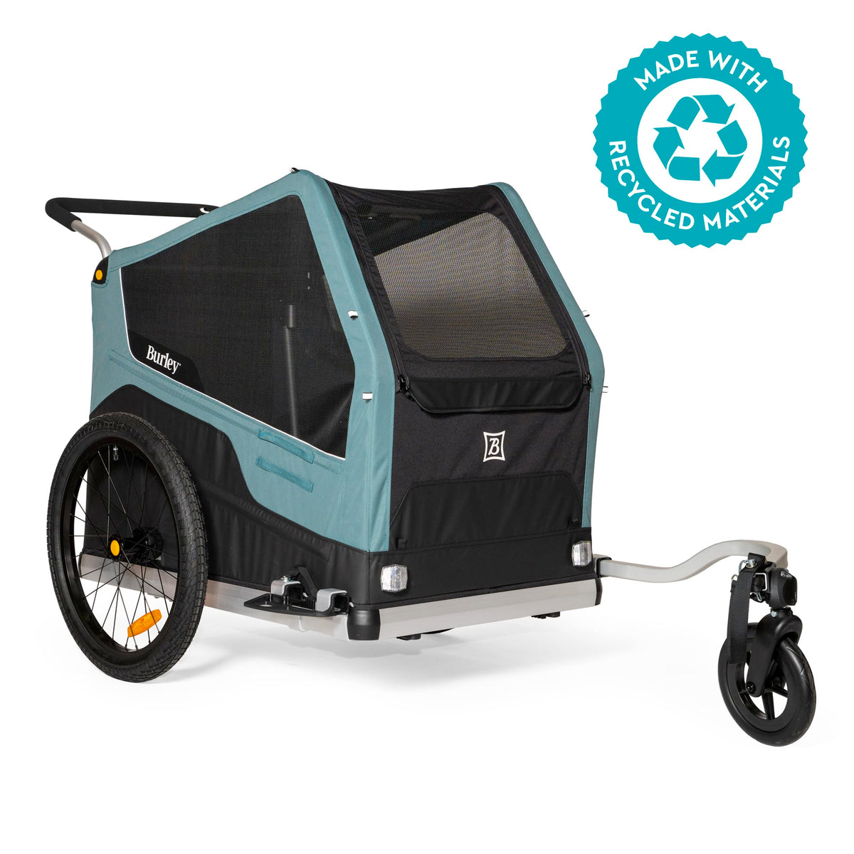 Burley Bark Ranger XL dog trailer, front three-quarter view with stroller wheel fitted