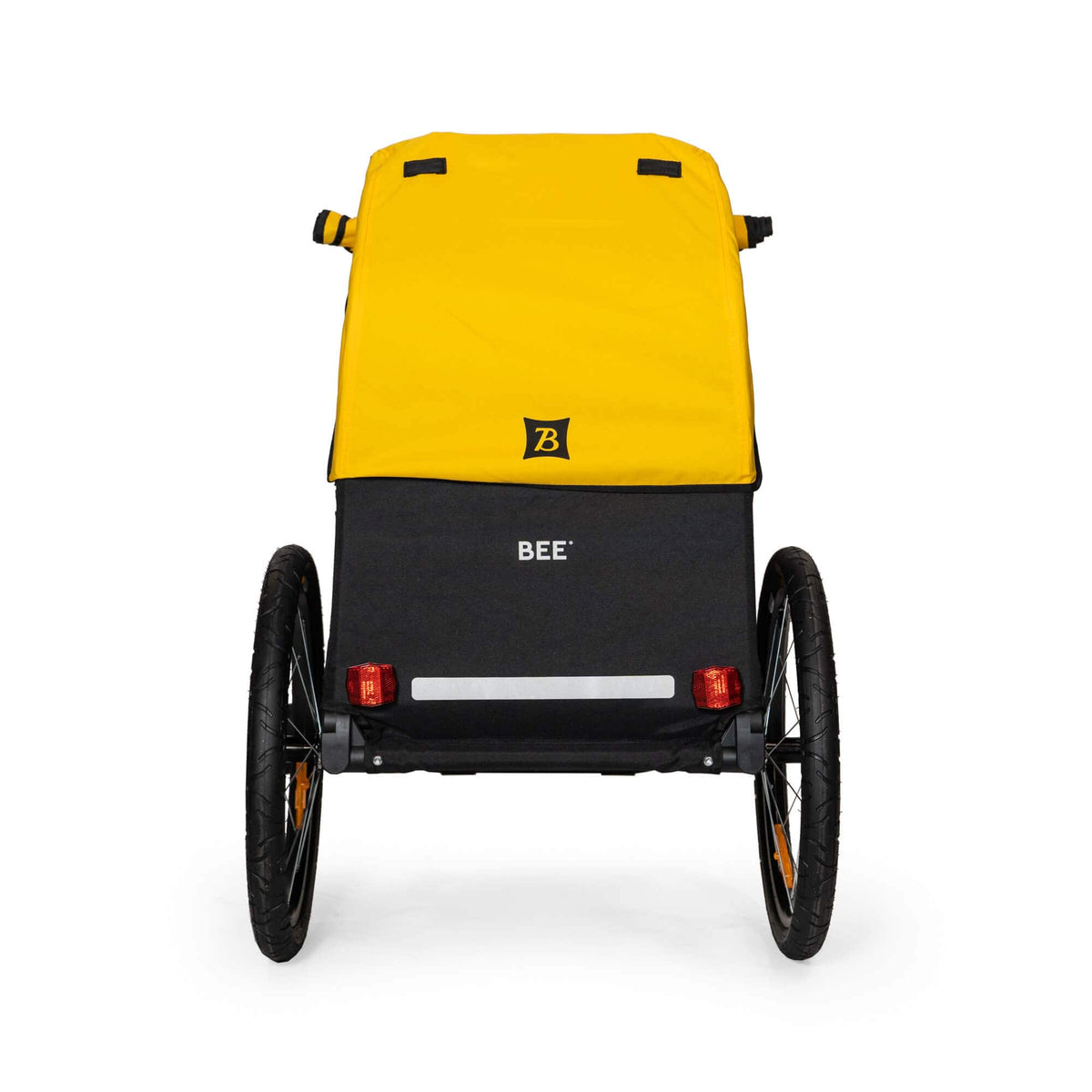 Burley Bee Single rear view showing the yellow cover and rear reflectors