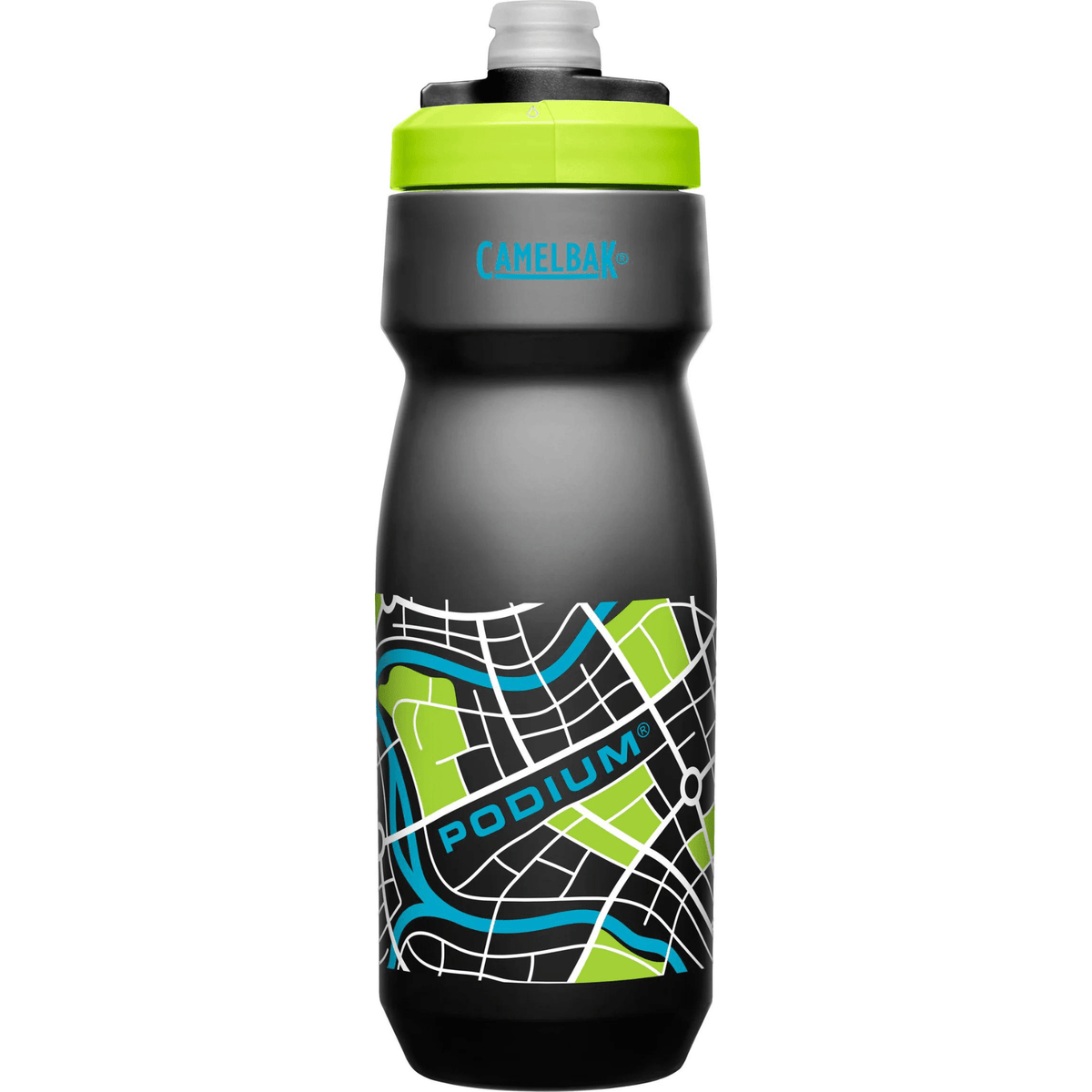 Taller CamelBak Podium bottle in black with lime cap and a lime and blue street map print