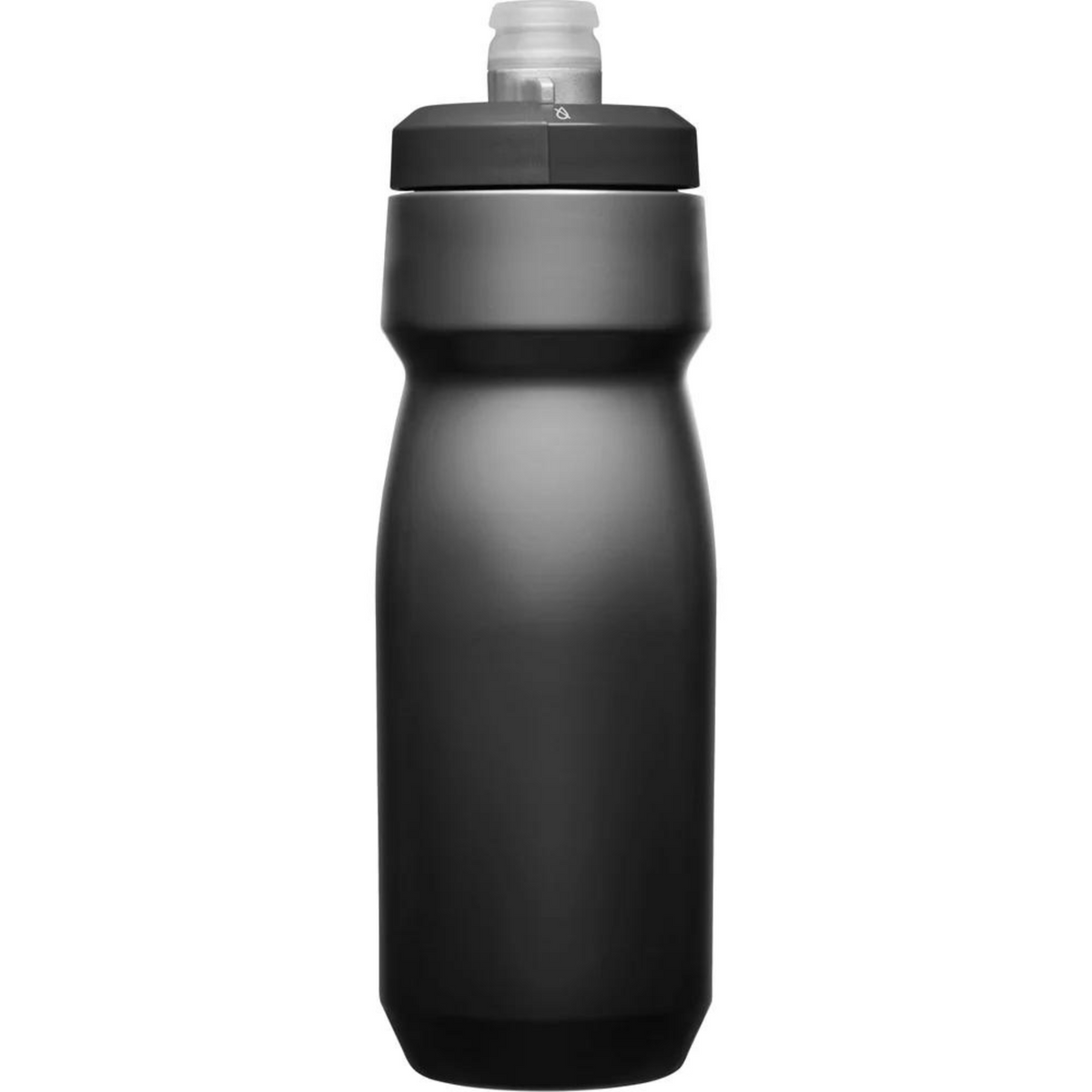 Taller Black Podium bottle with black cap, plain side view