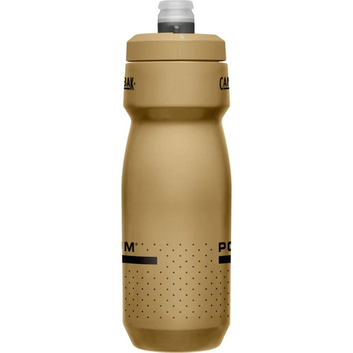 Taller tan Podium bottle turned to the side, black logo wrapping around both edges