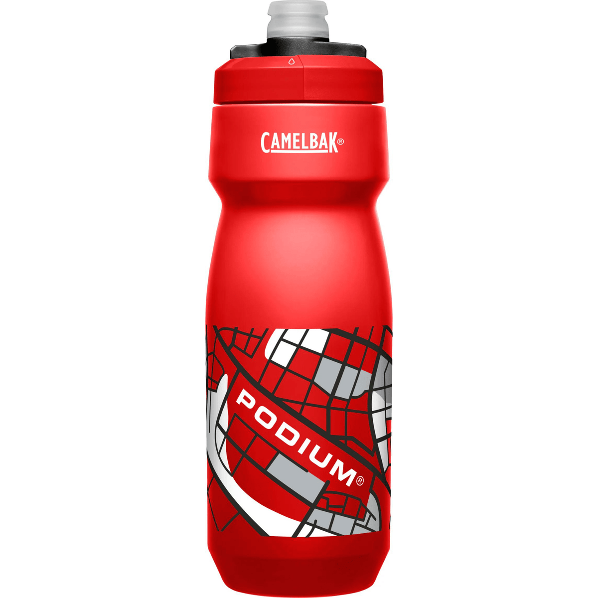Taller CamelBak Podium bottle in red with a grey and white street map print, front view