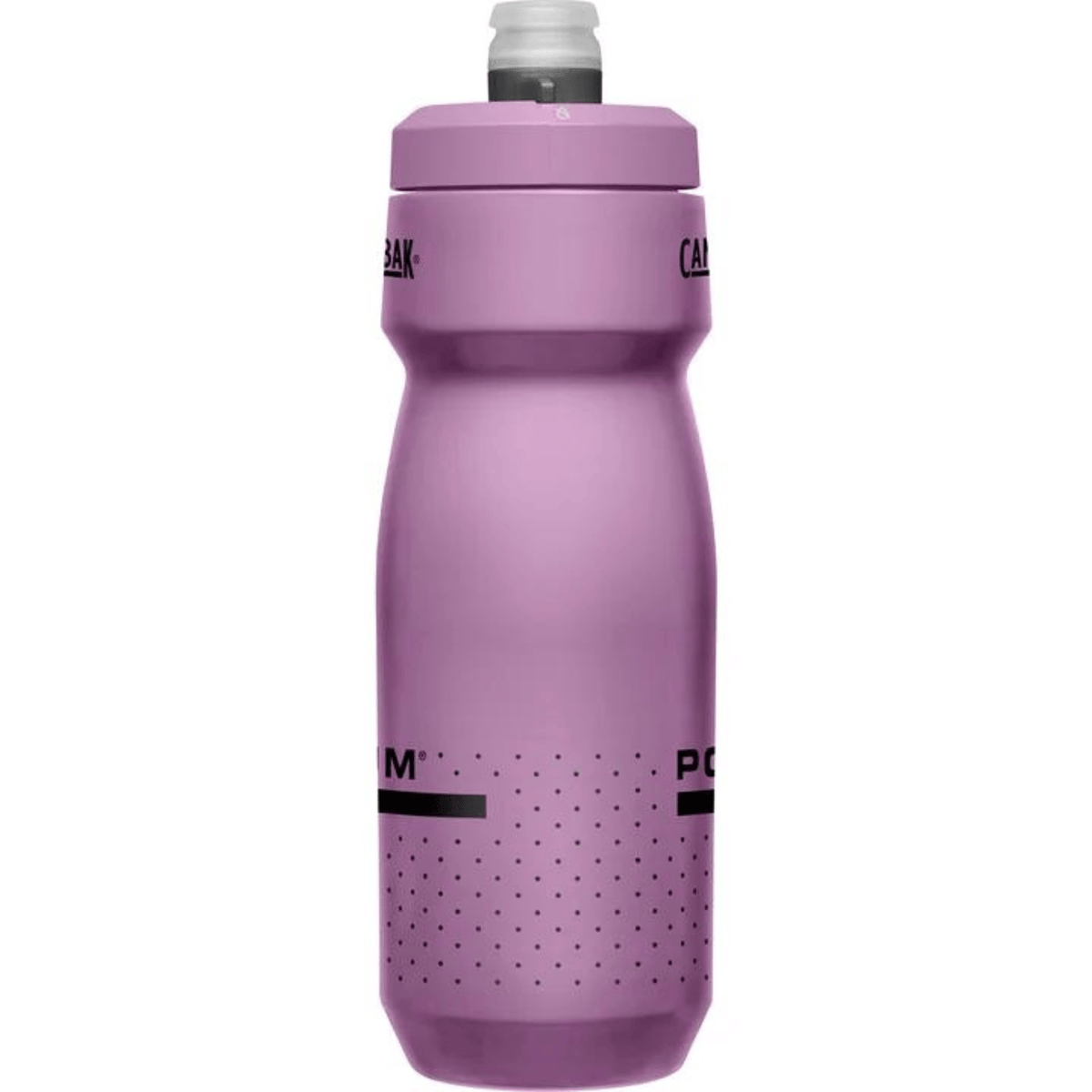 Taller purple Podium bottle turned to the side, logos wrapping around both edges