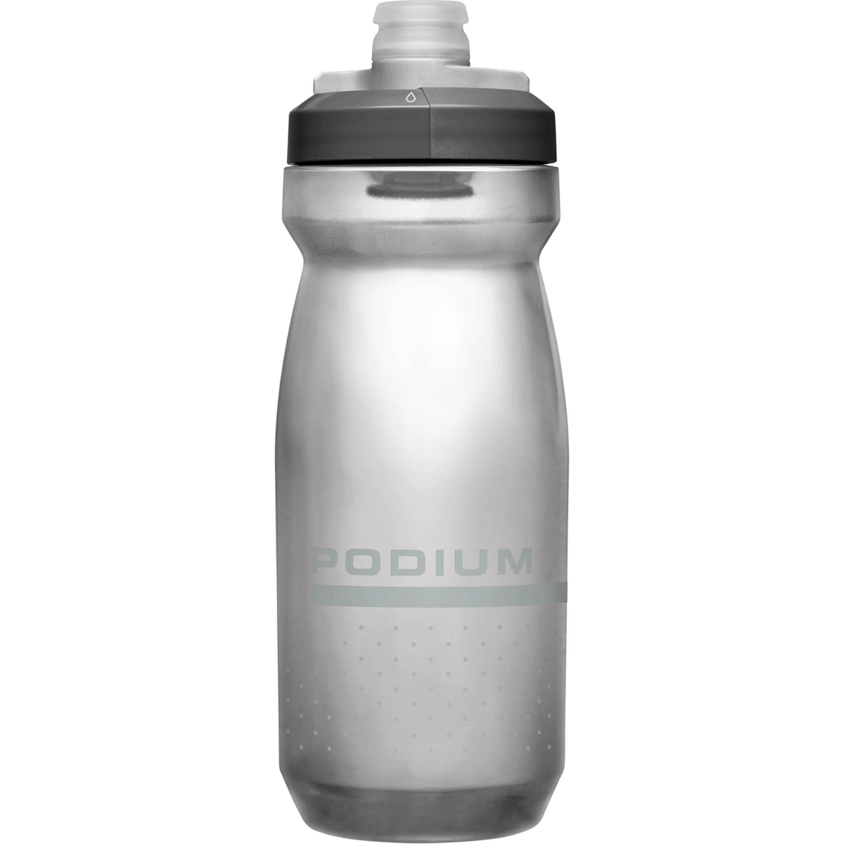 CamelBak Podium bottle in smoke grey with black cap, front view with Podium logo