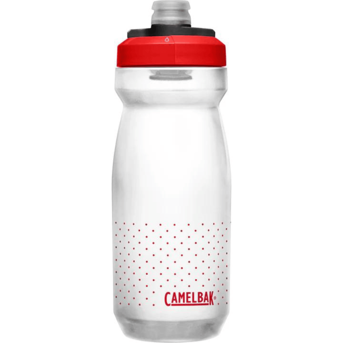 Back of the clear Podium bottle with red cap, red CamelBak logo near the base