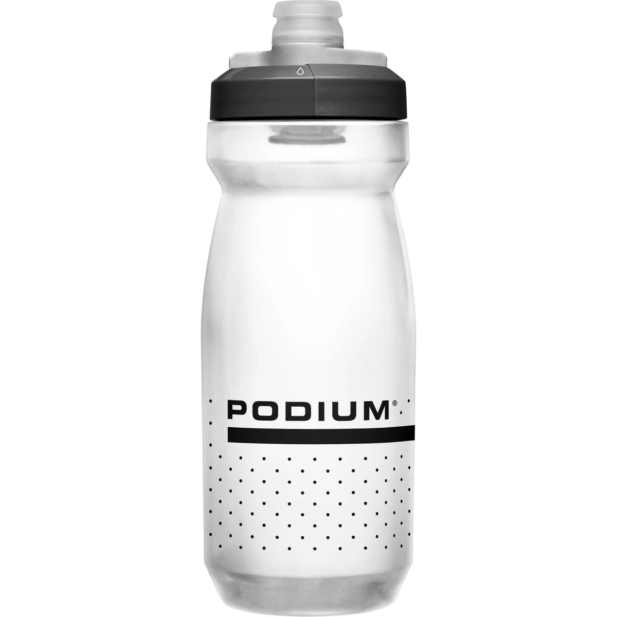 CamelBak Podium bike bottle in clear with black cap, front view with Podium logo