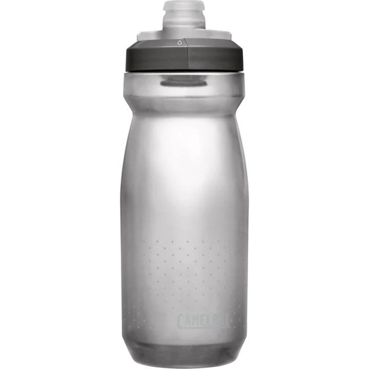 Back of the smoke grey Podium bottle showing a tonal CamelBak logo
