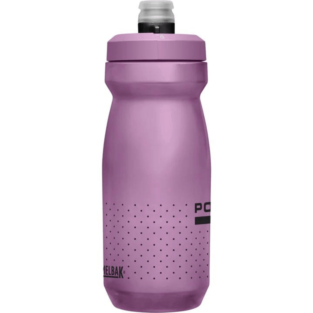 Purple Podium bottle turned to the side, dot pattern and part of the logo visible
