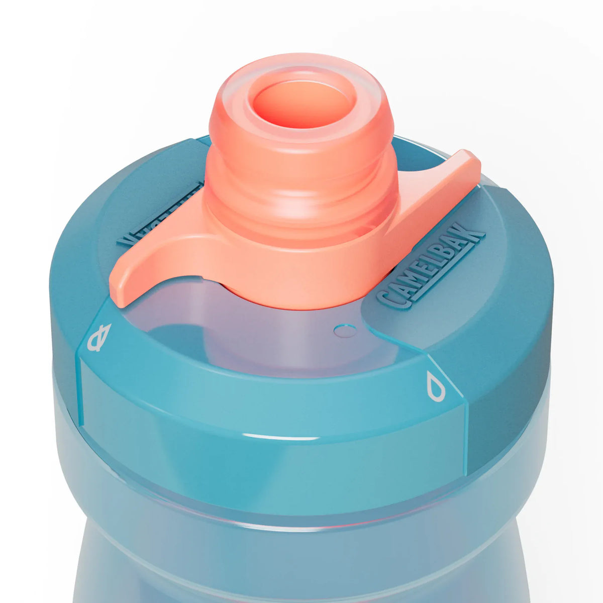 Close-up of a teal Podium cap with coral nozzle and lock-out valve lever