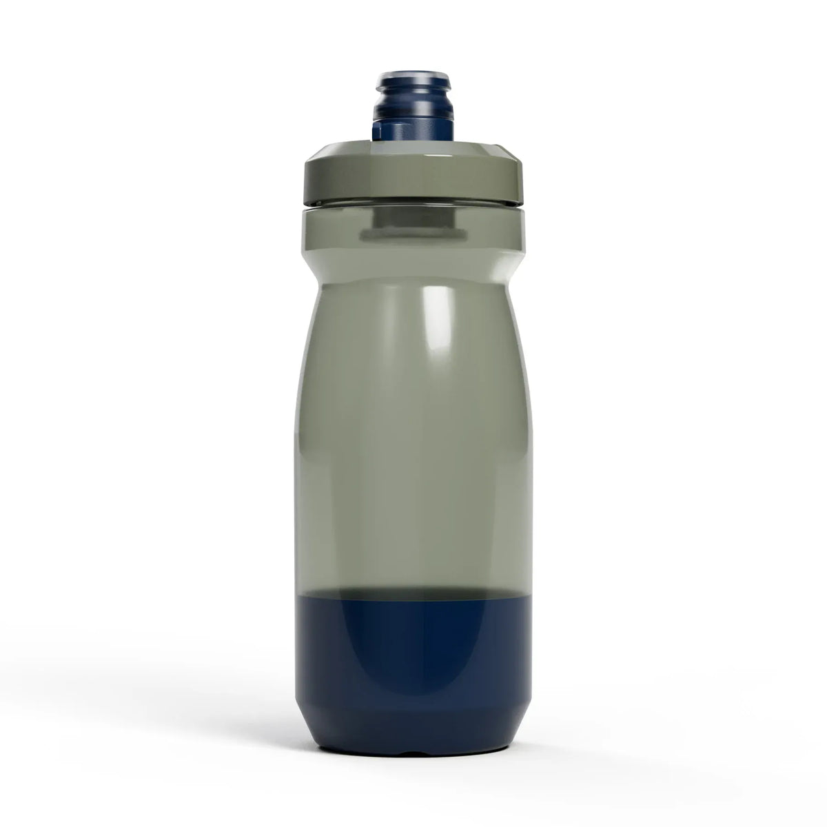 Back of the Mercury Fog Podium bottle, grey-green body and navy base