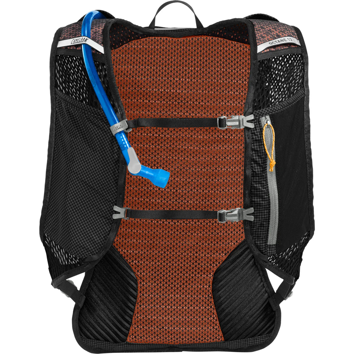 Back of the Octane 12 showing the orange 3D Vent Mesh panel, sternum straps and bite valve
