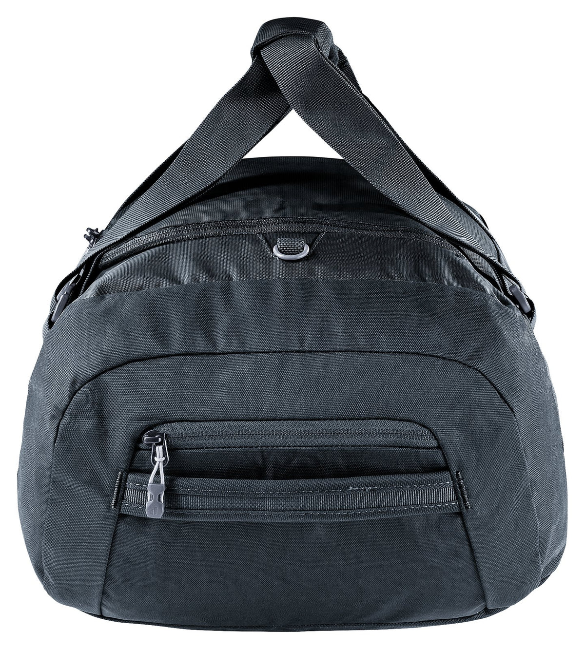 Deuter Duffel 35 in Black, end view showing the zipped end pocket and handles