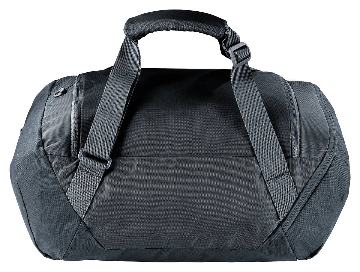 Deuter Duffel 35 in Black, back side showing the adjustable carrying straps