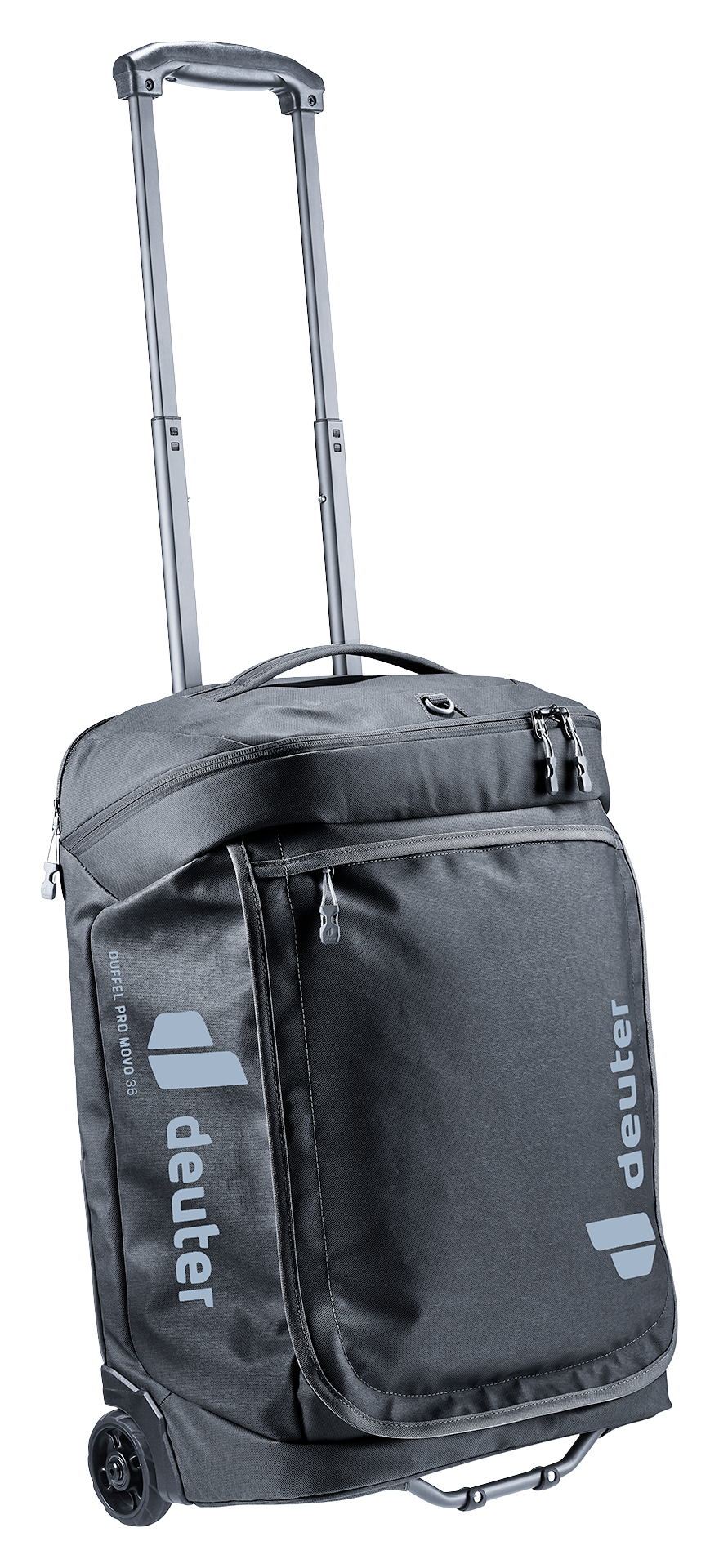 Deuter Duffel Pro Movo 36 in Black, front three-quarter view with the handle raised