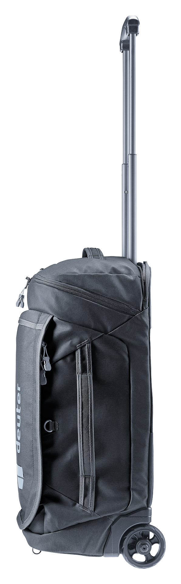 Deuter Duffel Pro Movo 36 in Black, narrow side view with grab handle