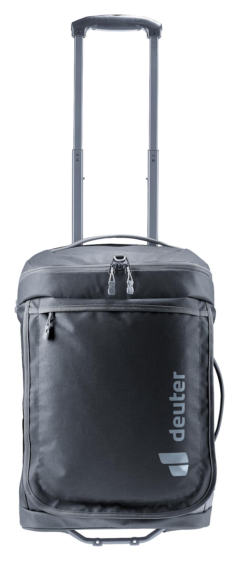Deuter Duffel Pro Movo 36 in Black, straight-on front view with the zipped front pocket and handle extended