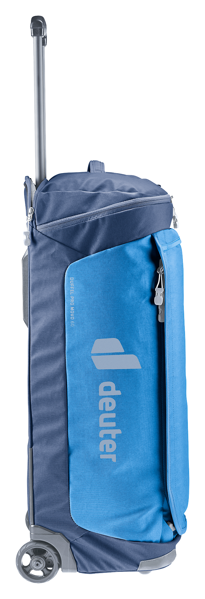 Side view of the Deuter Duffel Pro Movo 60 showing the wheels and extended handle