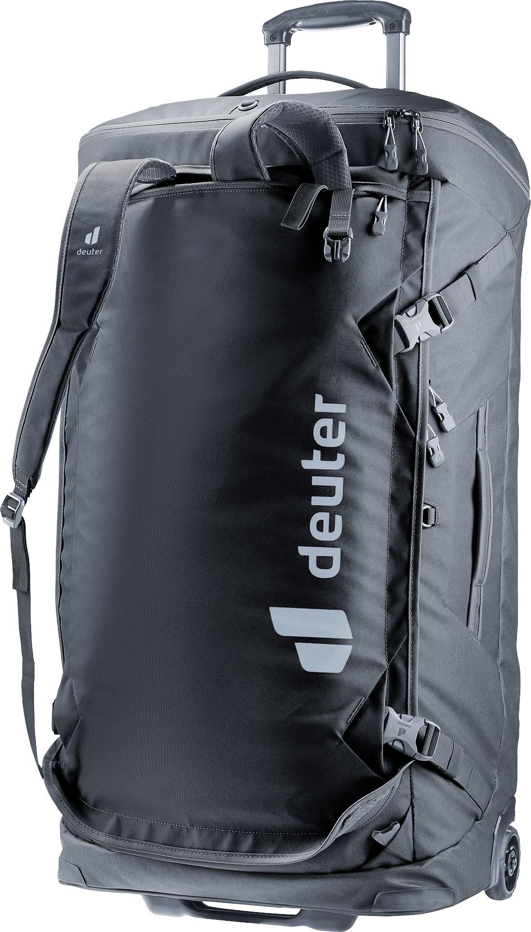 Deuter Duffel Pro Movo 90 in Black with the backpack shoulder straps pulled out
