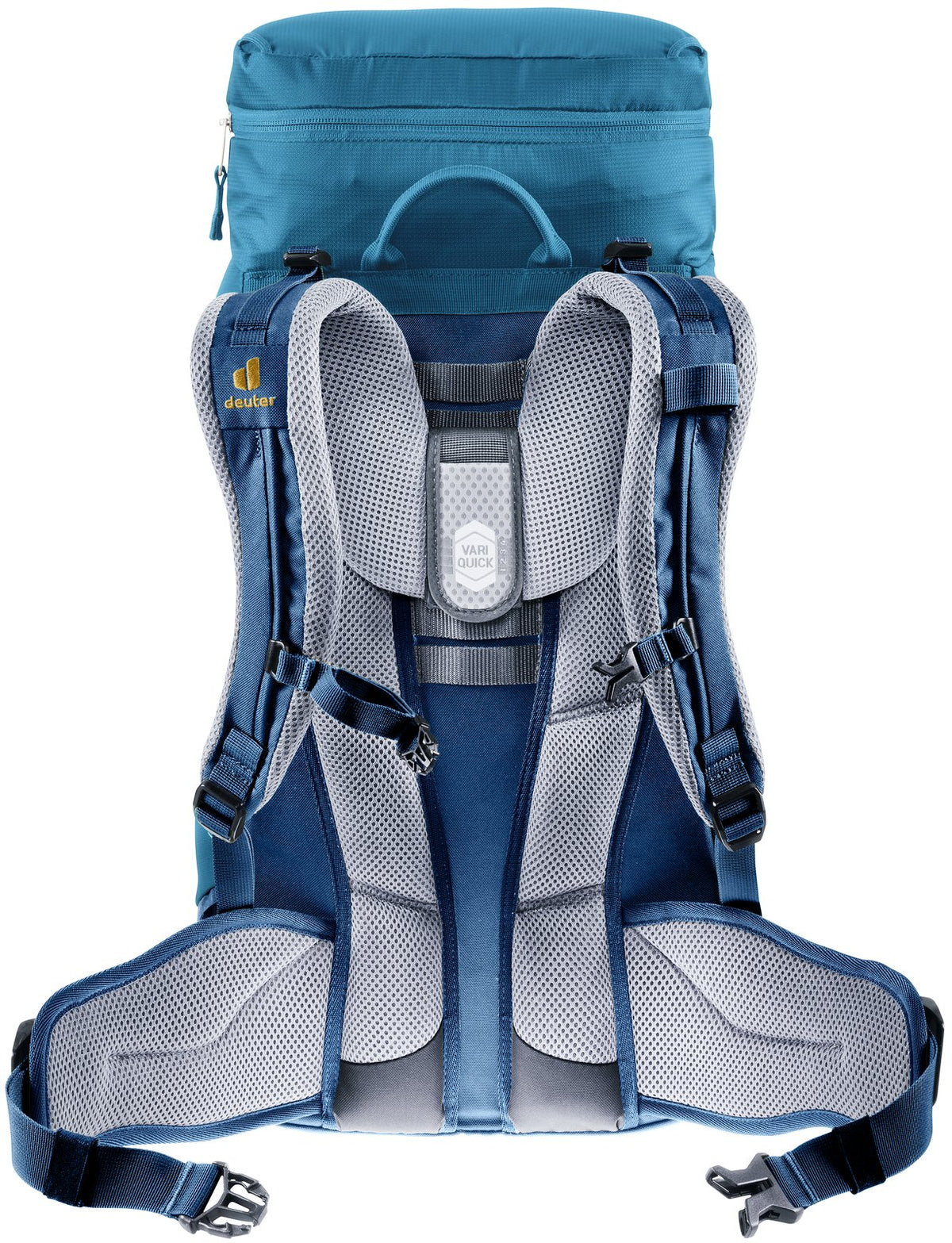 Back of the Deuter Fox 30 showing the VariQuick adjuster, Aircontact pads and hip fins