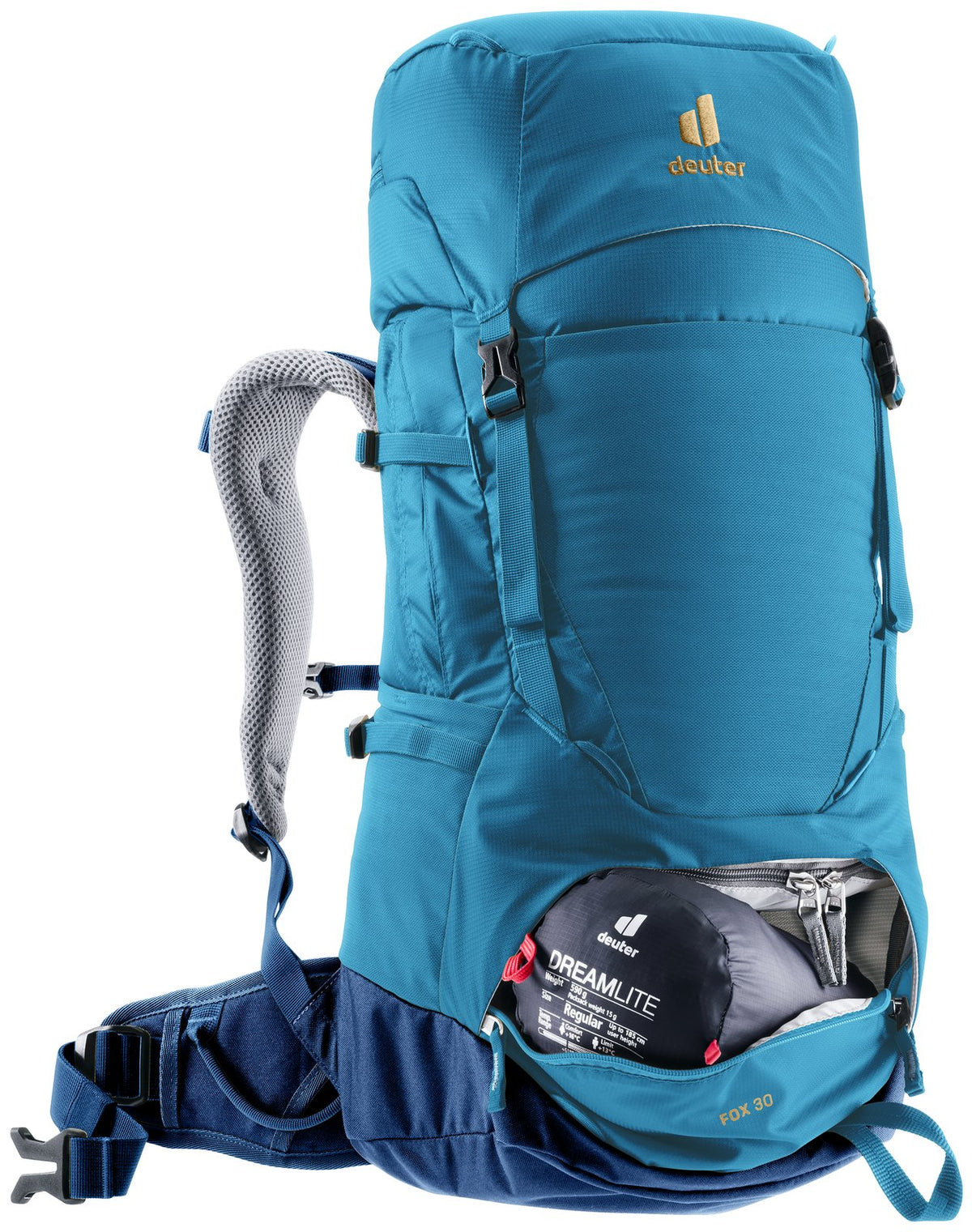 Deuter Fox 30 with the lower section unzipped and a sleeping bag packed inside