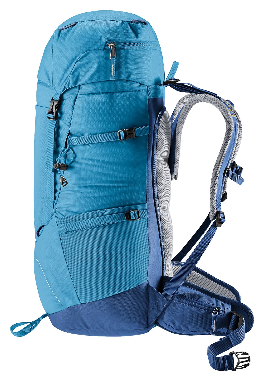 Deuter Fox 40 in Wave Nightblue, side view with hip fin and pole attachment