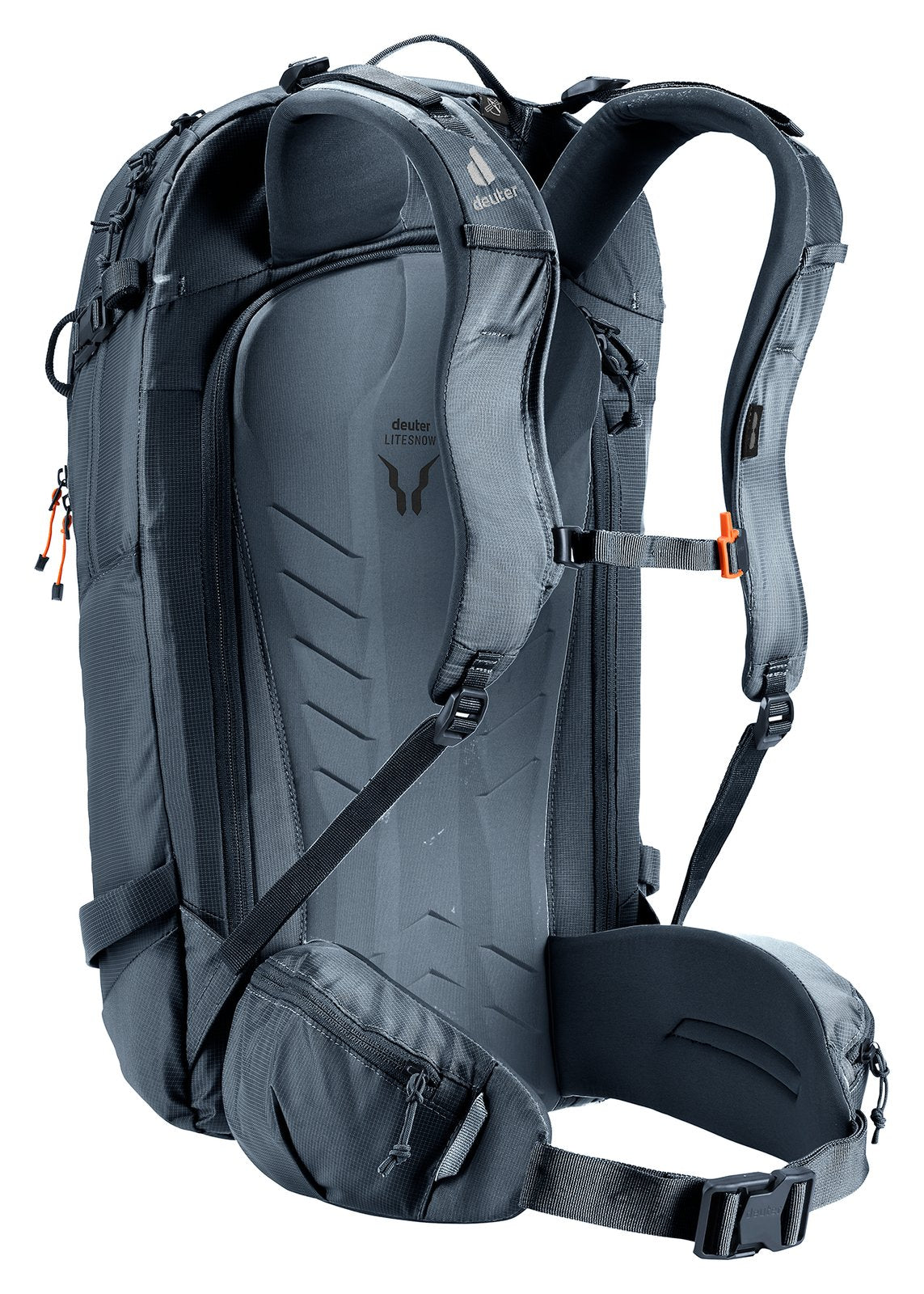 Deuter Freerider 24 rear three-quarter view of the shoulder straps and hip fin pocket
