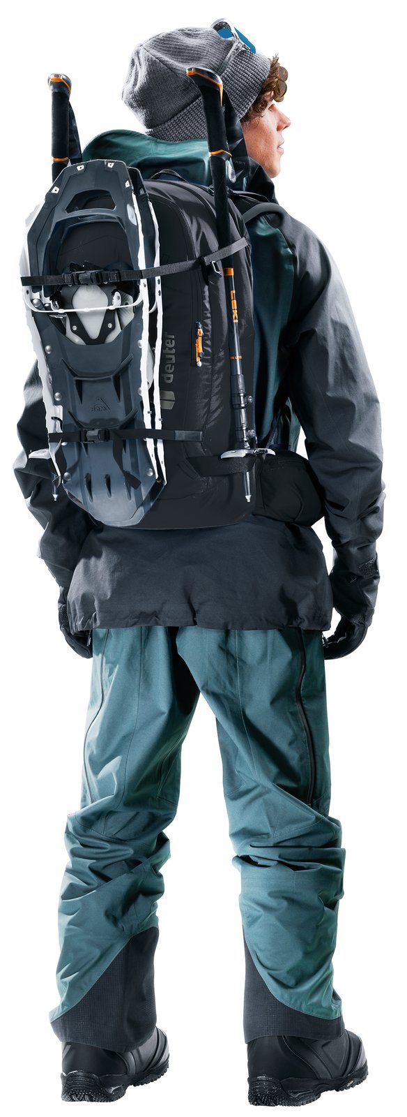 Person wearing the Deuter Freerider 30 with snowshoes strapped on the front