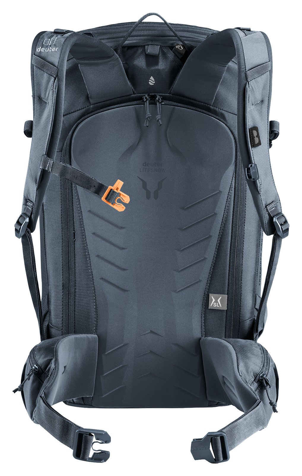 Back of the Deuter Freerider Pro 30+10 SL showing the LiteSnow back padding and hip fins