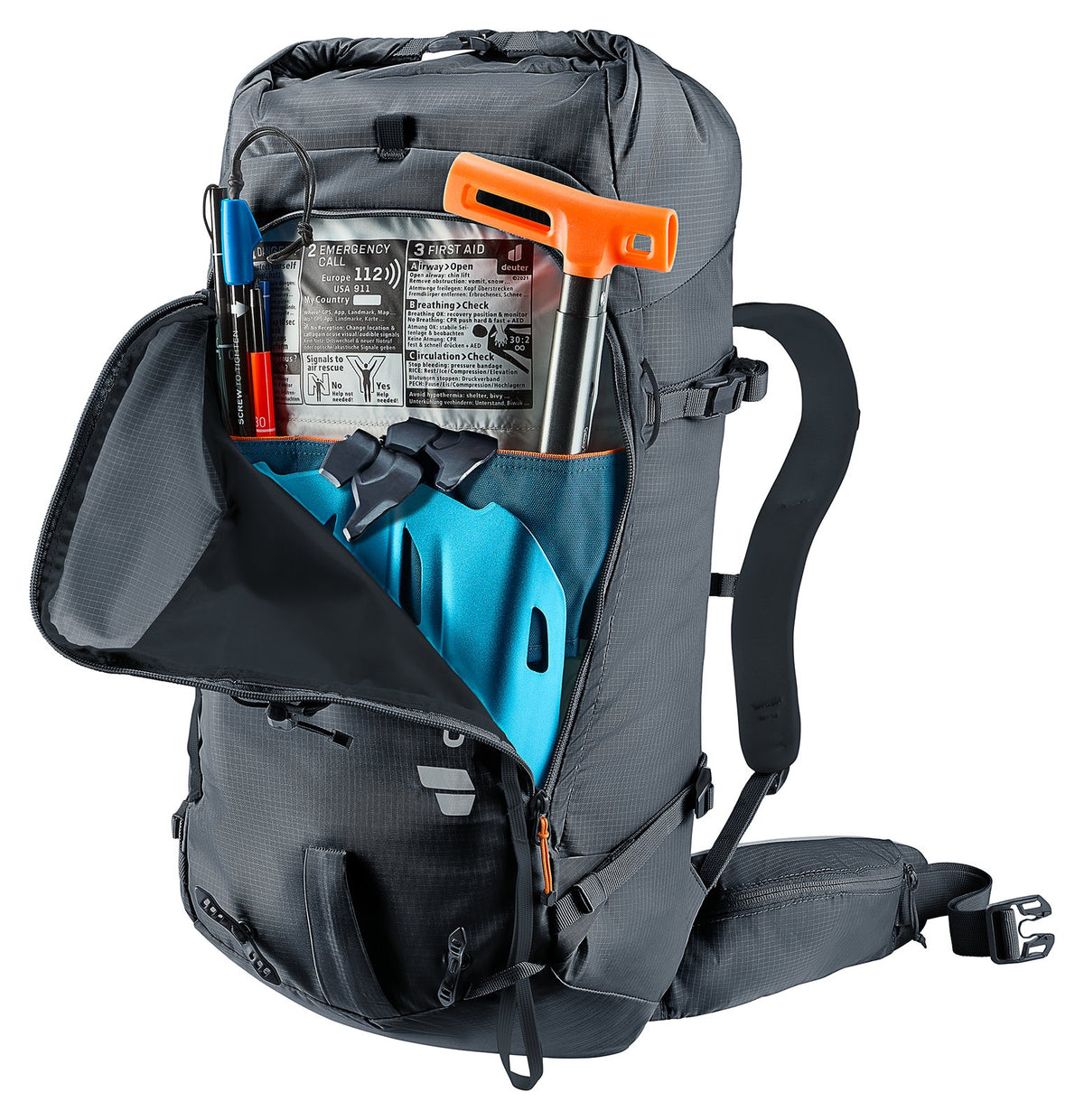 Deuter Freescape Lite 24 SL front pocket open with avalanche shovel and probe inside