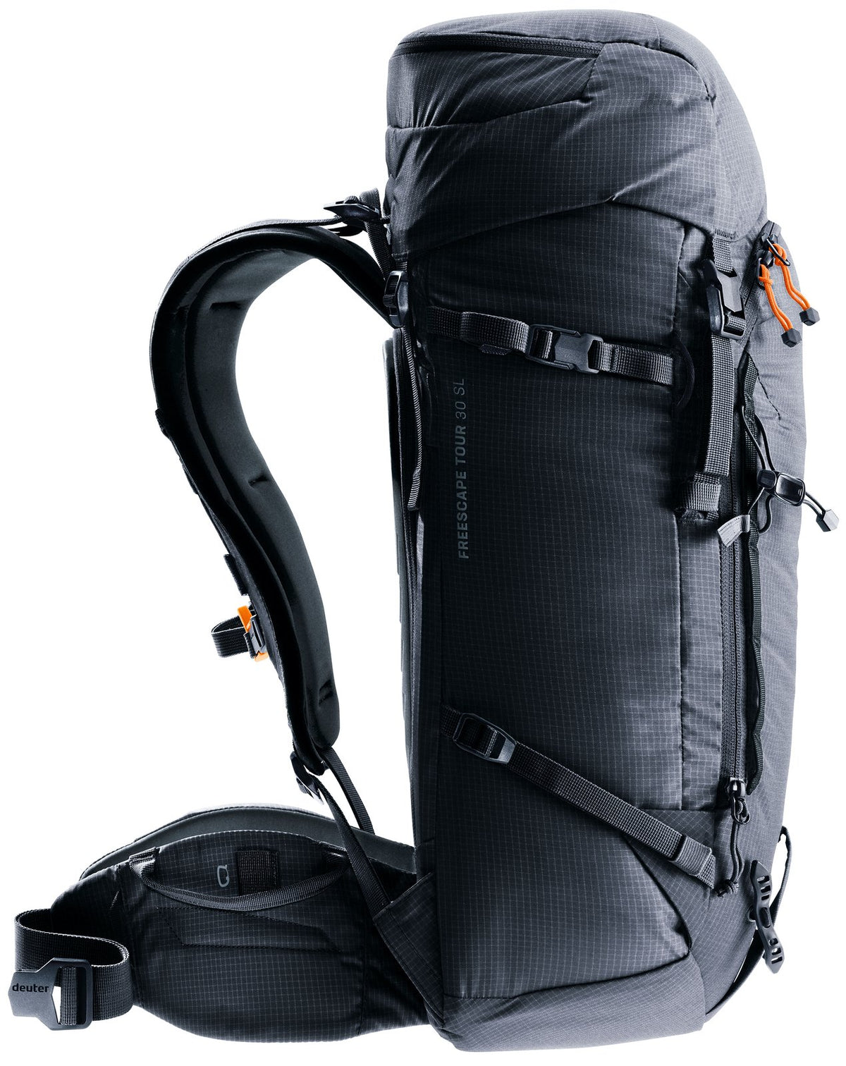 Deuter Freescape Tour 30 SL side profile with compression straps and hip fin