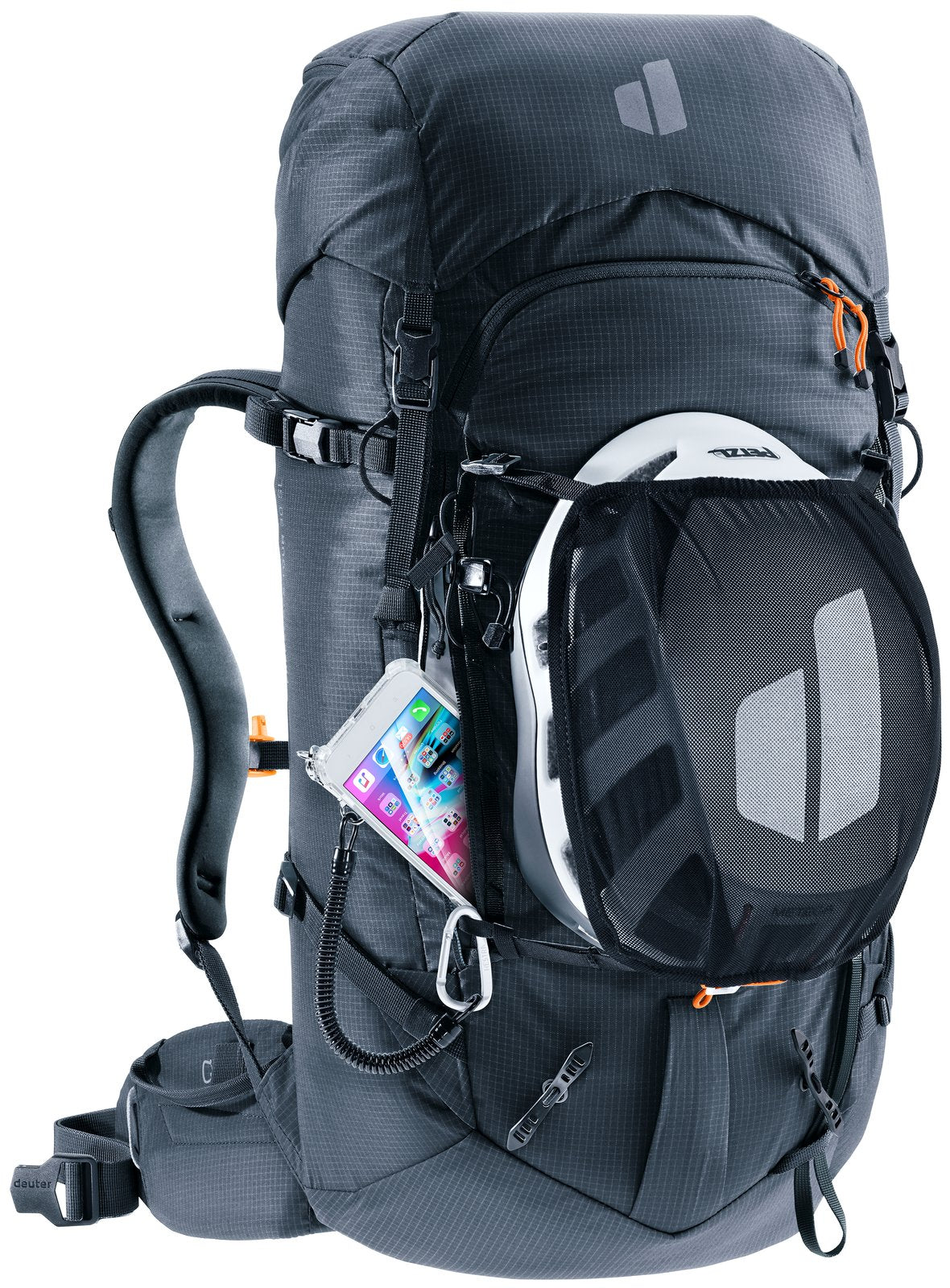 Deuter Freescape Tour 30 SL with a helmet in the mesh holder and a phone in the side pocket