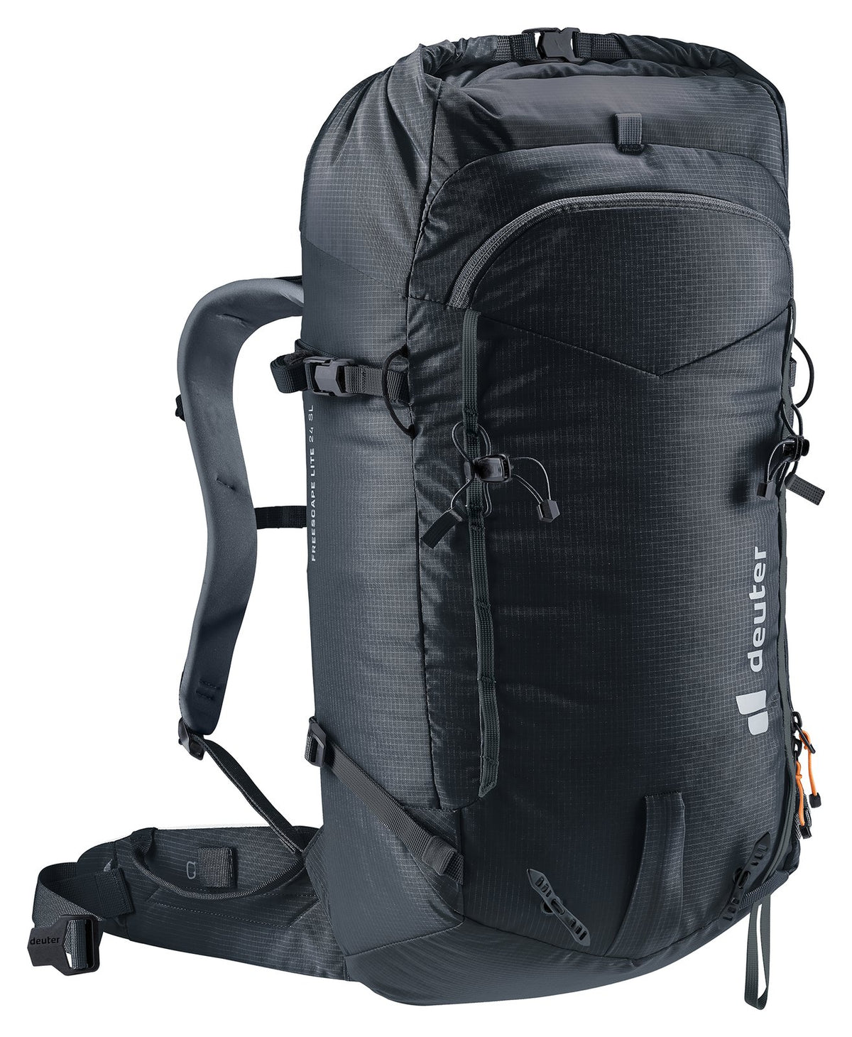 Deuter Freescape Tour 32 in Black, front three-quarter view of the front pocket and side straps
