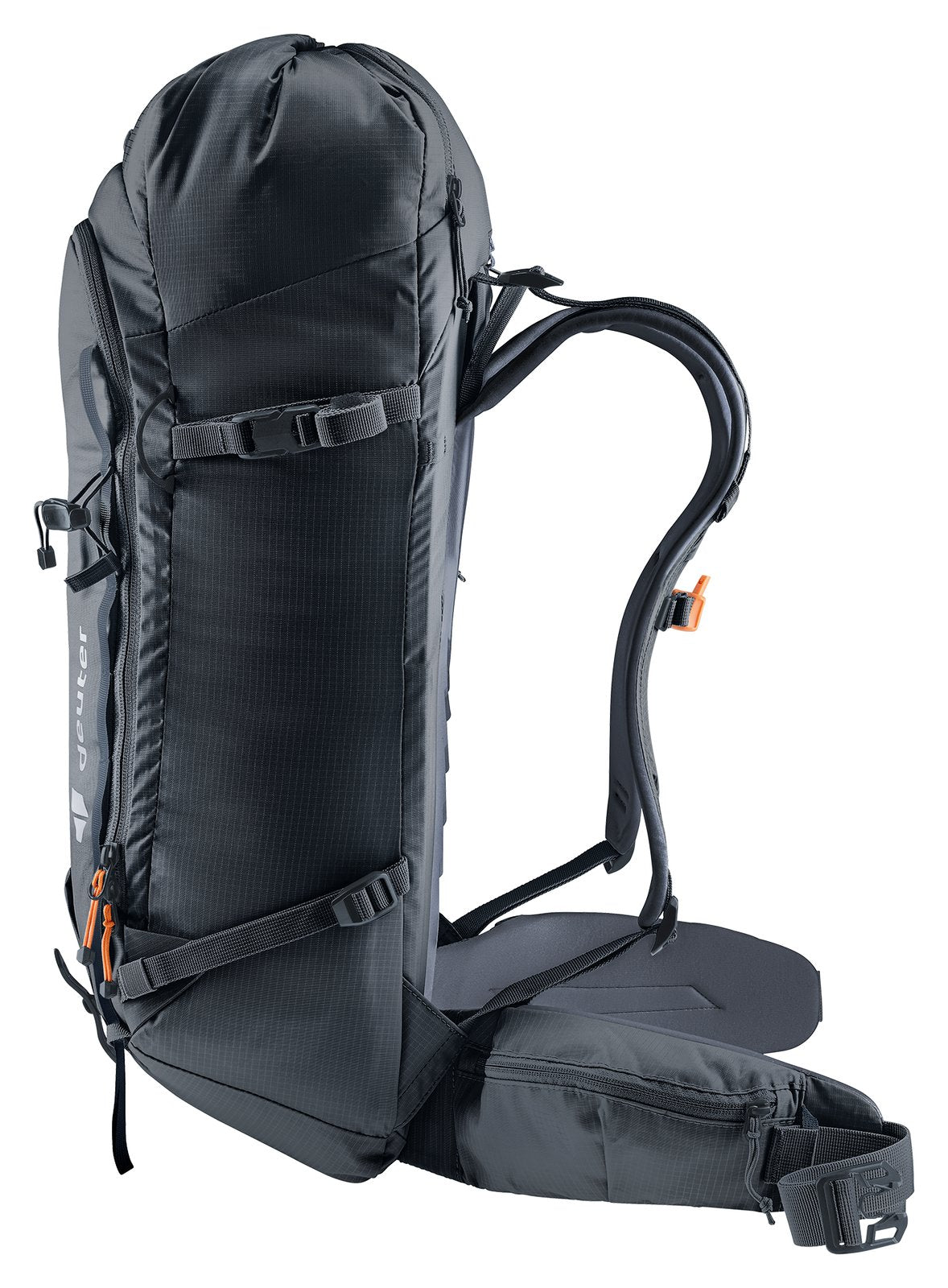 Deuter Freescape Tour 32 side view showing the rear zip and padded hip fin