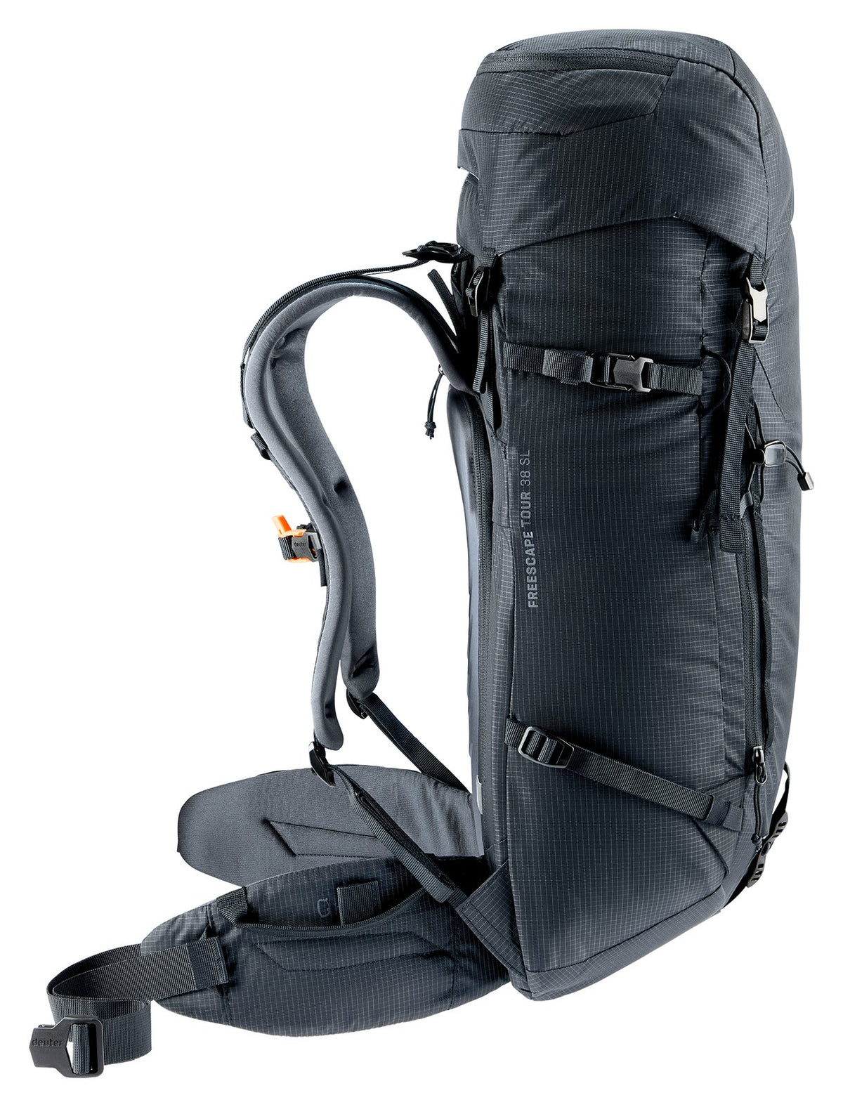 Side profile of the Deuter Freescape Tour 38 SL with compression straps and padded hip fin