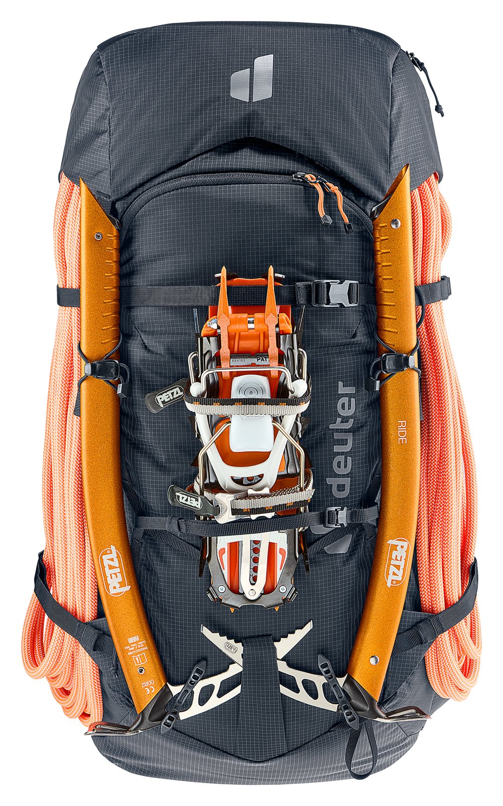 Deuter Freescape Tour 38 SL carrying a rope, two ice axes and crampons on the front