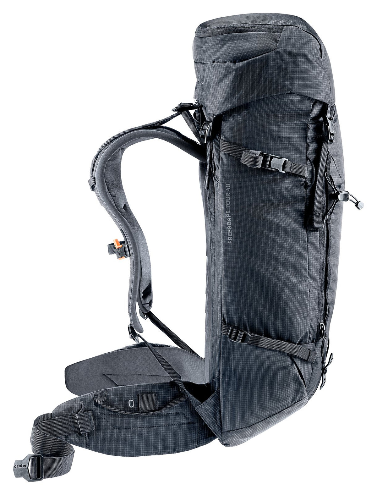 Deuter Freescape Tour 40, side profile of the harness and padded hip fin