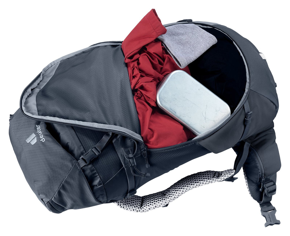 Deuter Futura 24 SL with the U-shaped front zip open showing packed clothes inside