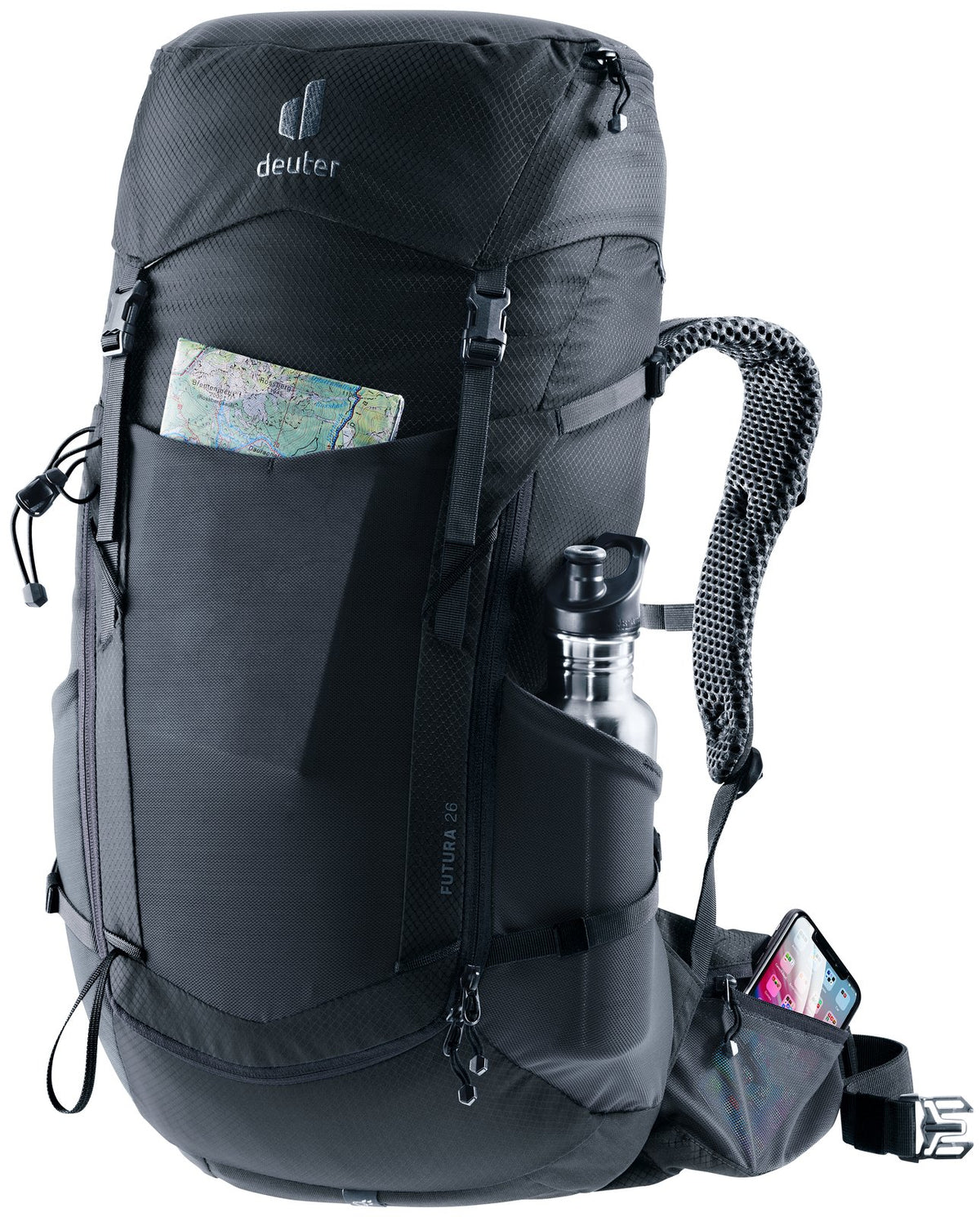 Deuter Futura 26 with a map in the front pocket, bottle in the side pocket and phone in the hip fin pocket