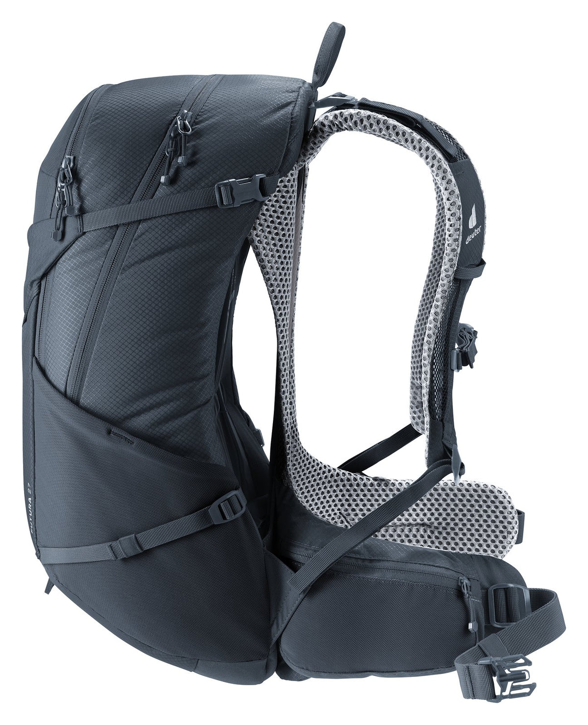 Deuter Futura 27 side view of the arched spring steel frame and suspended back mesh