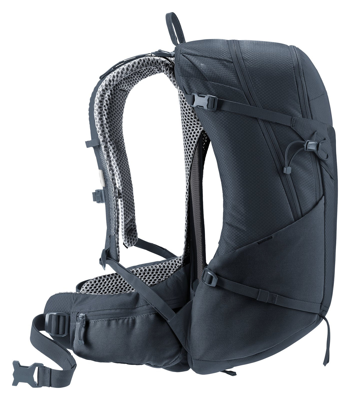 Side profile of the Deuter Futura 27 showing the gap between the curved pack body and the mesh back