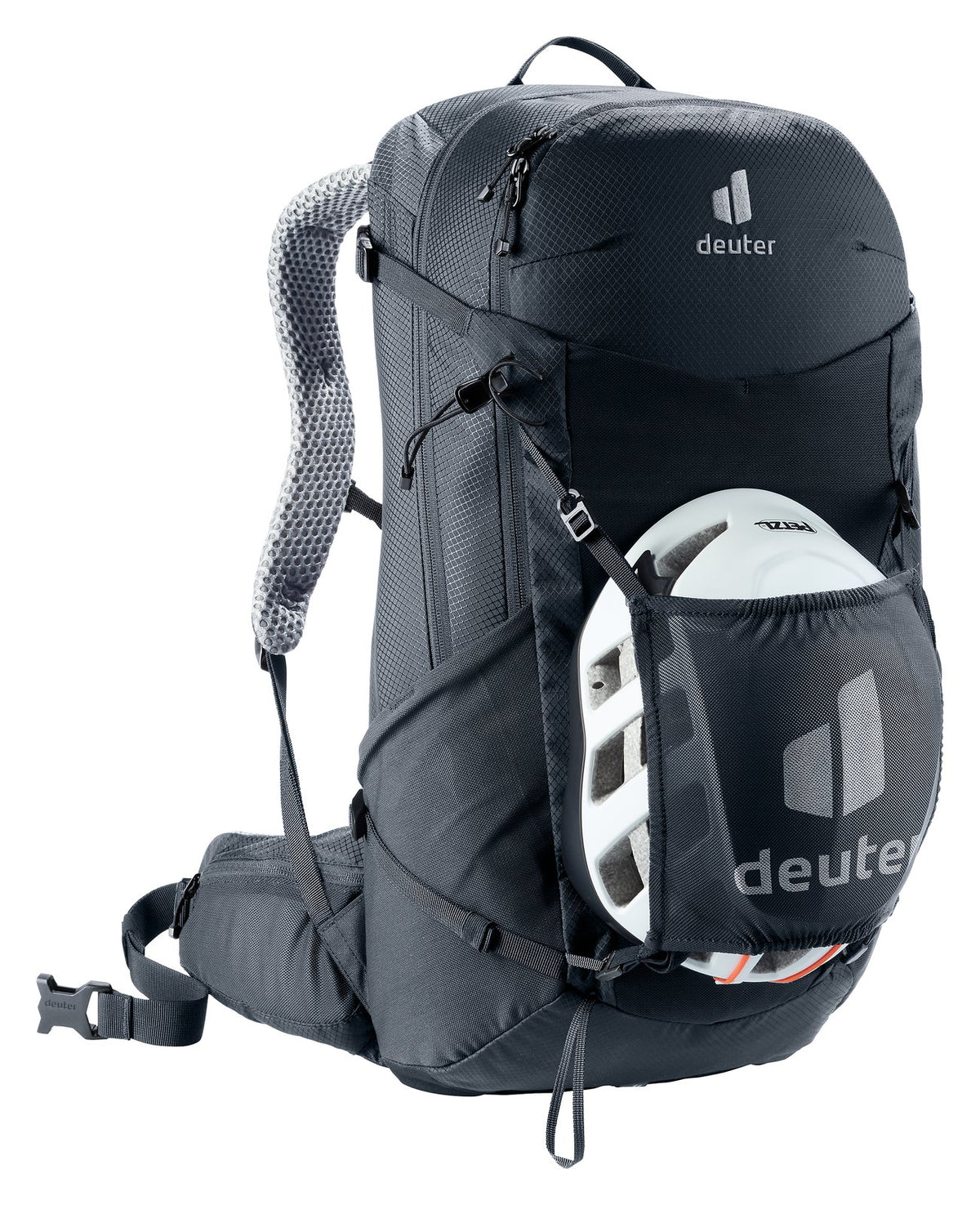 Deuter Futura 29 EL carrying a helmet in the mesh helmet holder, sold separately