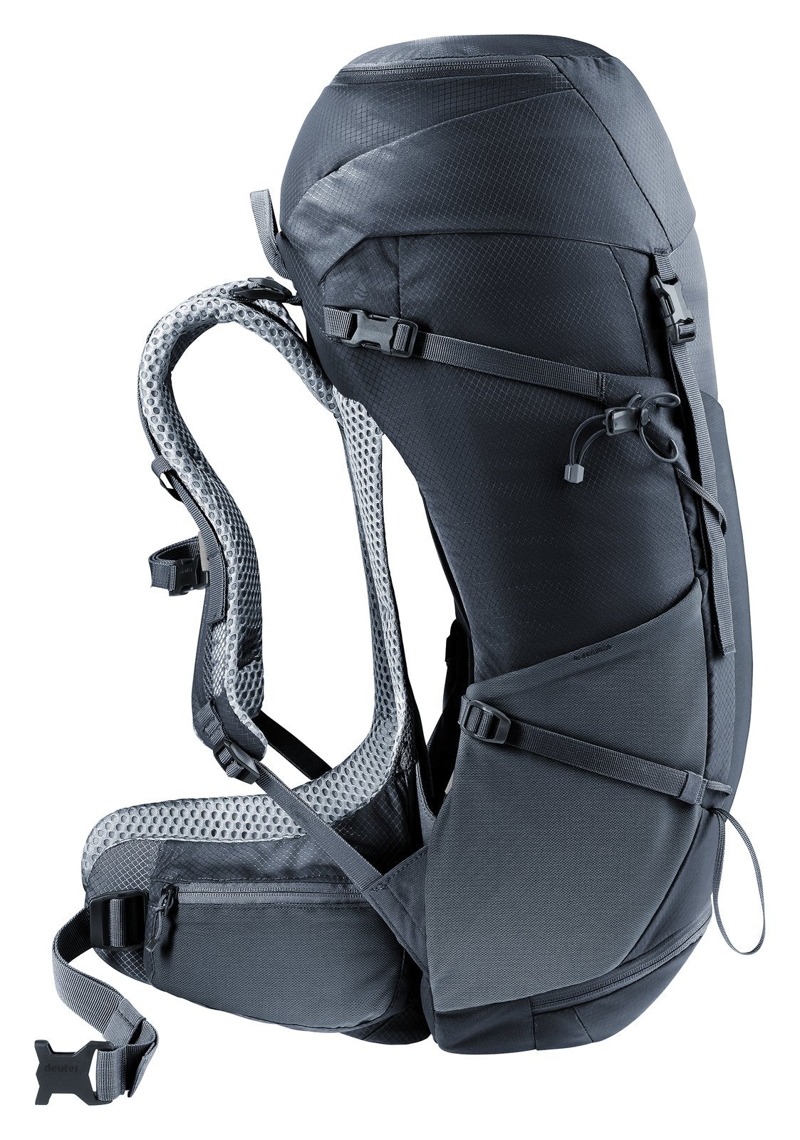 Deuter Futura 30 SL side profile showing the arched frame and gap behind the mesh