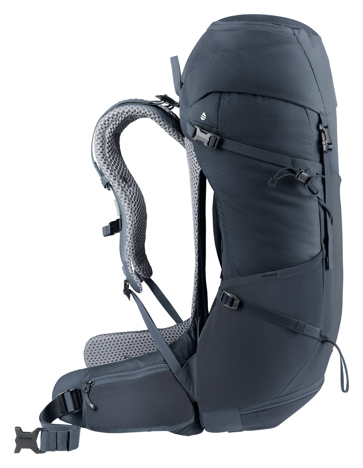 Side profile of the Deuter Futura 32 showing the curved spring steel frame and gap behind the mesh