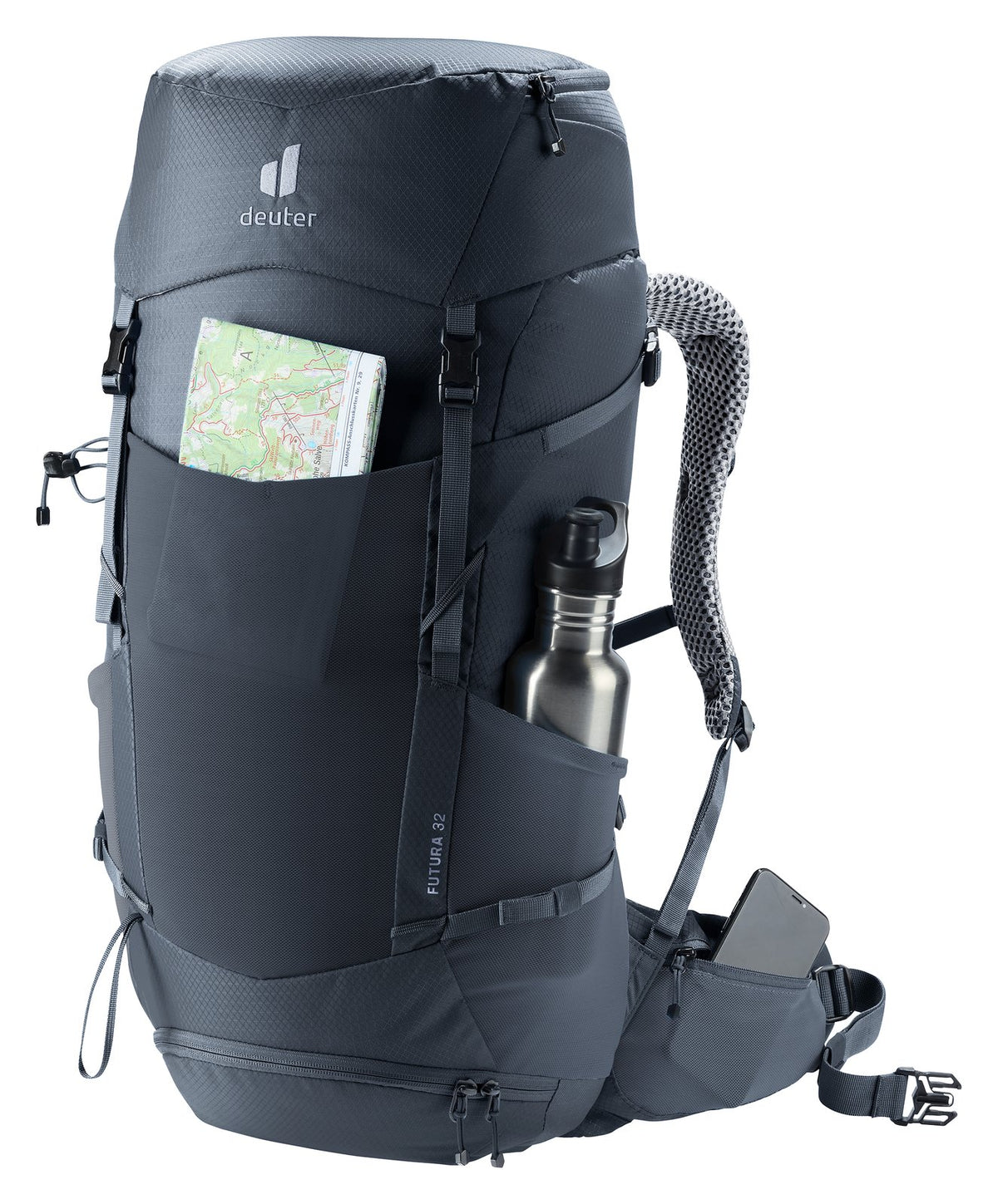 Deuter Futura 32 with a map in the front pocket and a steel bottle in the side pocket